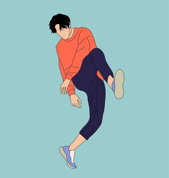 10代のダンサーのヒップホップ 青の歯の背景に隔離されたブレースダンスアウトラインベクトル図面 若いクールな男が明るい服でストリートダンスを踊る 韓国語日本語アジア漫画のスタイル — ストックベクタ