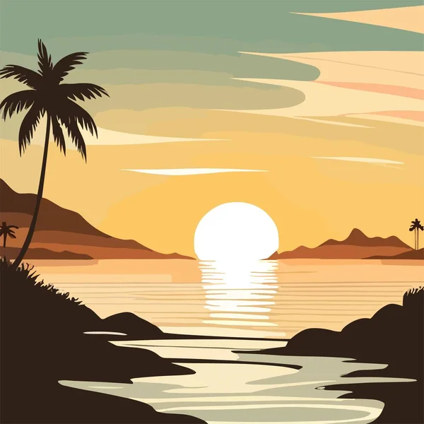 Тропічний Пляж Пальмами Морем Екзотичний Острів Океані Заході Сонця Природний — стоковий вектор