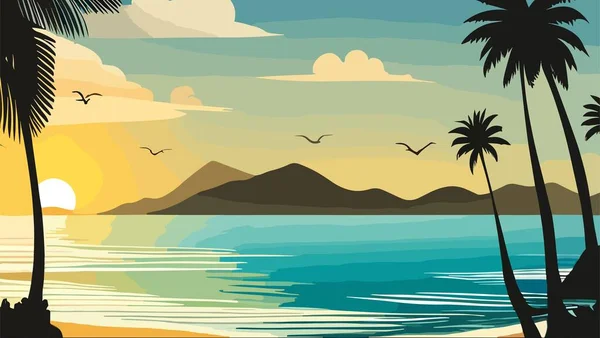 热带海滩 有棕榈树和大海 落日时分 海洋中的异国岛屿 自然景观和海景 横向抽象艺术背景 墙纸矢量彩色插图 — 图库矢量图片