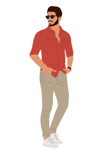 Stylish young man wearing summer street fashion outfit. Handsome Business man character in smart casual office clothes, sunglasses. Vector realistic people illustration isolated on white background.