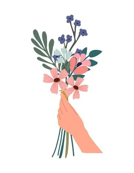 Жіноча Рука Тримає Букет Ніжних Диких Квітів Рожевих Білих Синіх — стоковий вектор