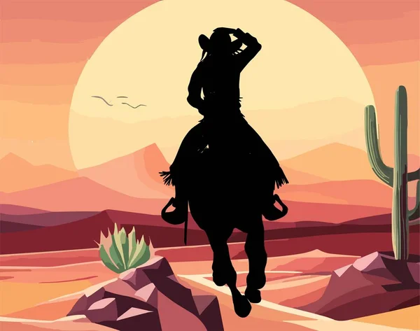 Silhouet Van Een Cowboy Een Paard Het Woestijnlandschap Texas Westelijke — Stockvector