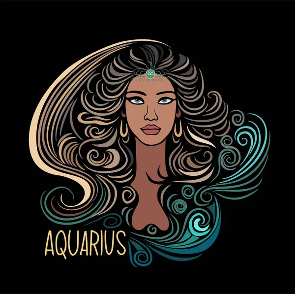 Aquarius Zodiac Tegn Smuk Pige Håndtegnet Vektor Farverig Illustration Sort – Stock-vektor