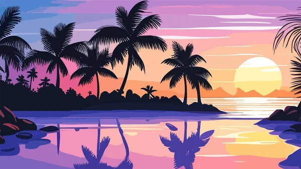 ヤシの木や海と熱帯のビーチ 日没時に海のエキゾチックな島 自然景観と景観 水平抽象アートの背景 バナー カバー 壁紙ベクトルカラフルなイラスト — ストックベクタ