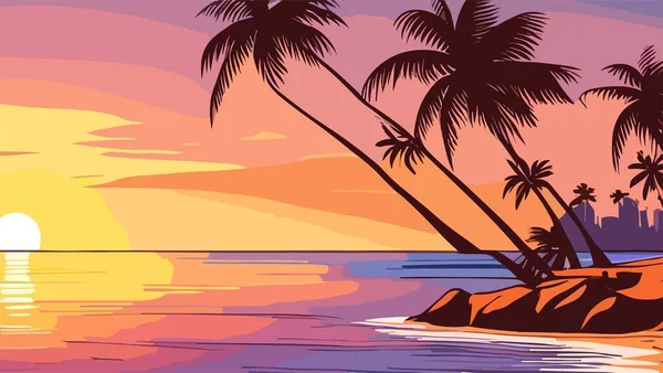 Palmiye Ağaçları Deniz Olan Tropik Bir Sahil Güneş Batarken Okyanusta — Stok Vektör