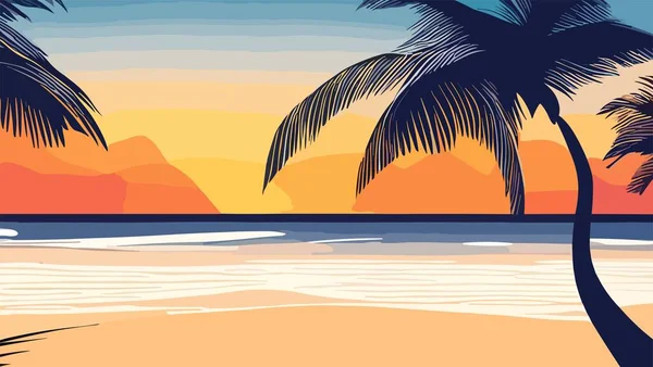Trópusi Strand Pálmafákkal Tengerrel Egzotikus Sziget Óceánban Naplementekor Természeti Táj — Stock Vector