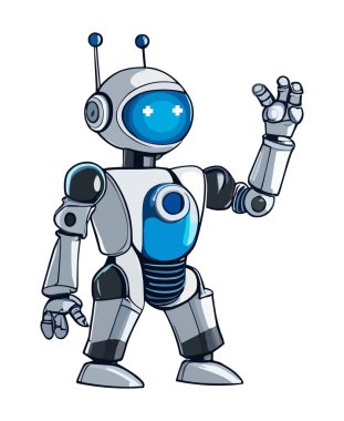 Robot ve sohbet robotu, yapay zeka karakteri, gelecekteki çizgi film maskotu. Android dijital sayborg, teknoloji servisi ve iletişim yapay zekası. Vektör illüstrasyonu beyaz arkaplanda izole edildi.