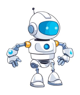 Robot ve sohbet robotu, yapay zeka karakteri, gelecekteki çizgi film maskotu. Android dijital sayborg, teknoloji servisi ve iletişim yapay zekası. Vektör illüstrasyonu beyaz arkaplanda izole edildi.