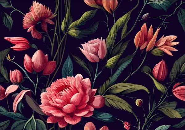 Fond Art Abstrait Floral Avec Pivoine Rose Rouge Fleurs Roses — Image vectorielle