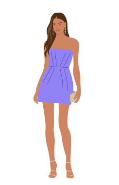 Moda elbisesi içinde güzel bir genç kadın ya da kokteyl partisi, etkinlik. Güzel kız karakteri şık kıyafetler, ayakkabılar giyiyor. Düz vektör gerçekçi illüstrasyon beyaz arkaplanda izole edildi.
