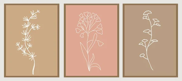 小さな野生の花ライン図面印刷セット 植物ベージュパステルBohoポスター 現代ラインアート 審美的な輪郭 ホームディスプレイ パッケージ タトゥー ジュエリーデザインに最適です ベクターイラスト — ストックベクタ