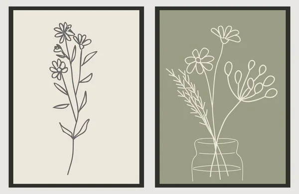 Drobné Divoké Květy Čára Kresba Sada Tisku Botanická Šalvěj Zelený — Stockový vektor