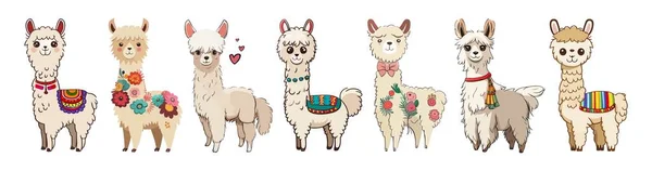 Cute Cartoon Llama Alpaca Vector Cartoon Illustrations Set Funny Animal — Stock Vector