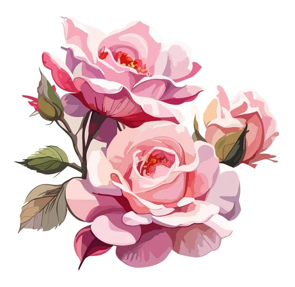 Πανέμορφα Ροζ Τριαντάφυλλα Και Πράσινα Φύλλα Ρεαλιστική Απεικόνιση Διάνυσμα Μπουκέτο — Διανυσματικό Αρχείο
