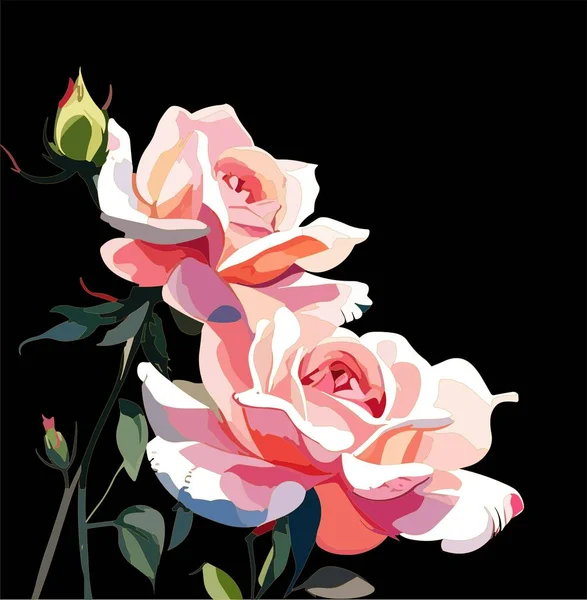 Hermosas Rosas Rosadas Composición Hojas Verdes Ilustración Realista Del Vector — Vector de stock