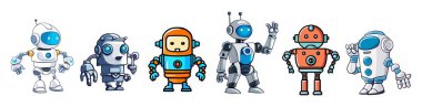 Bir set şirin robot, sohbet robotu, yapay zeka robot karakterleri, geleceğin maskotları. Dijital sayborg, teknoloji servisi ve iletişim yapay zekası. Beyaz arkaplanda izole edilmiş vektör çizimleri.