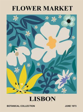 Soyut Çiçek Pazarı Lisbon posteri. Danimarka renginde çiçek desenli botanik duvar sanatı. Modern naif, modaya uygun iç dekorasyon, resim, baskı. Vektör sanatı illüstrasyonu.