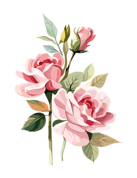 Чудова Композиція Рожевих Троянд Зеленого Листя Реалістичний Букет Акварель Векторні — стоковий вектор