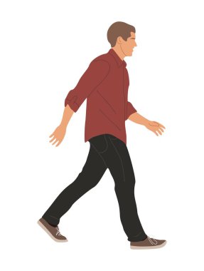 Genç adam yürüyor. Sokak modasına uygun modern giysili yakışıklı bir adam. Çizgi film erkek karakteri Vektör gerçekçi illüstrasyon beyaz arkaplanda izole. 