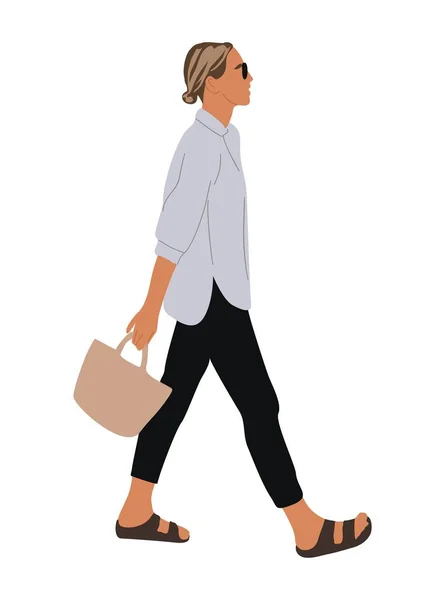 现代女人走路 穿着休闲街流行夏装的漂亮女孩 在白色背景上孤立的矢量真实感说明 — 图库矢量图片