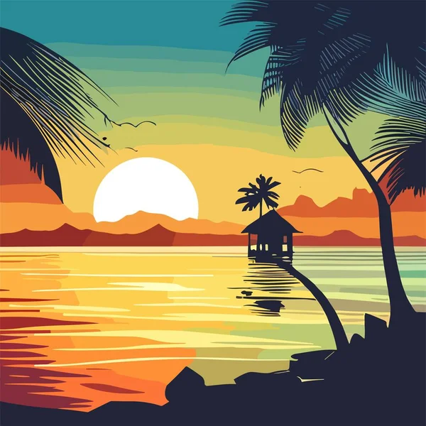 Tropická Pláž Palmami Mořem Exotický Ostrov Oceánu Při Západu Slunce — Stockový vektor