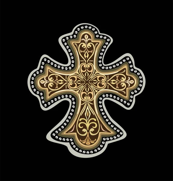 Ortodoxa Cruz Joyería Cristiana Con Adorno Étnico Ilustración Realista Vector — Archivo Imágenes Vectoriales