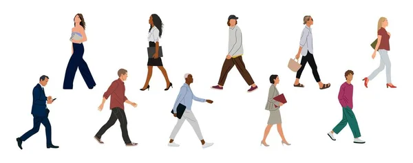 Conjunto Vários Empresários Caminhando Homens Mulheres Modernos Diferentes Etnias Idades — Vetor de Stock