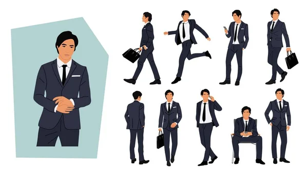 Σύνολο Χαρακτήρα Businessman Διαφορετικές Στάσεις Όμορφος Νεαρός Ασιάτης Που Φοράει — Διανυσματικό Αρχείο