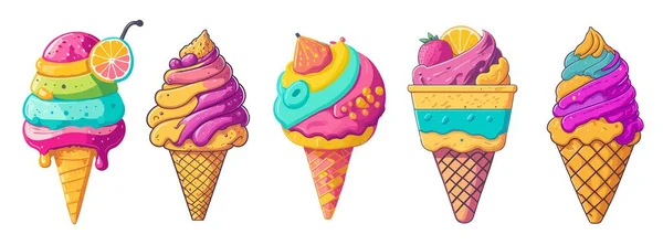 Sorvete Desenho Animado Doodle Ícones Set Cones Waffle Com Colheres — Vetor de Stock
