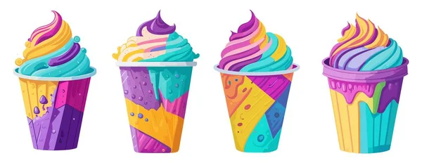 Παγωτό Καρτούν Εικονίδια Σκίτσα Σετ Παγωτό Διαφορετικές Γεύσεις Χάρτινα Φλιτζάνια — Διανυσματικό Αρχείο