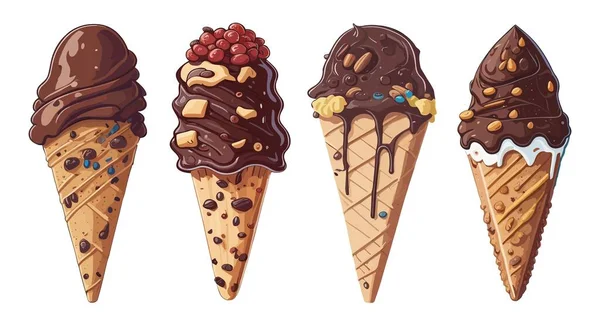 Ice Cream Cartoon Doodle Icons Set Waffle Cones Scoops Ice — Stock Vector