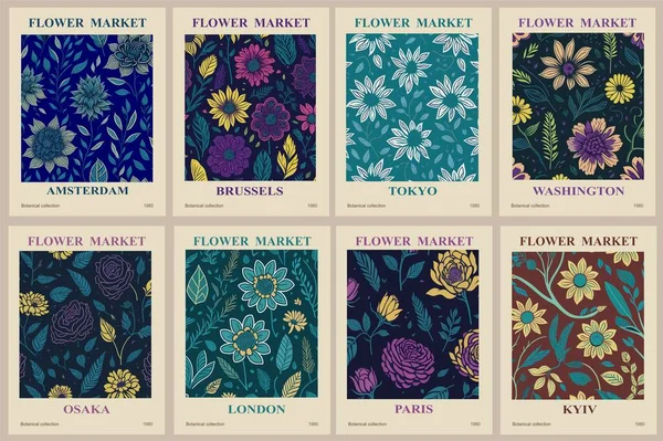 Stock vector Set of abstract Flower Market posters. Trendy botanical wall arts with floral design in dark danish pastel colors. Modern naive groovy funky interior decorations, paintings. Vector art illustration.