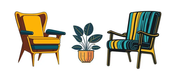 Set Von Wohnmöbeln Inneneinrichtung Sesseln Und Hauspflanzen Mitte Des Jahrhunderts — Stockvektor