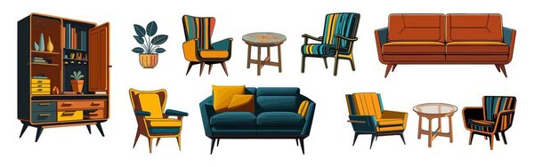 Set of home furniture, interior decor, house plant for living room. Mid century modern Armchairs, sofas, coffee table, potted plant. Flat cartoon vector illustrations isolated on white background.