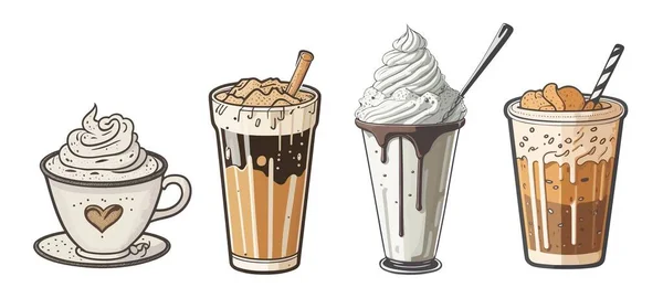 Conjunto Diferentes Tipos Café Espresso Cappucciono Latte Café Gelado Copos — Vetor de Stock