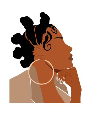 Kadın Baskısı için soyut Siyah Kadın Portresi, Boho Kız Duvarı Sanatı, Orta Çağ modern tasarımı, avatar. Beyaz arkaplanda Dünya Tonları 'nda şık afro kadın yan görünümü Vektör illüstrasyonuName.