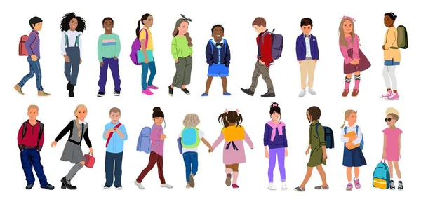 Bir Grup Farklı Çocuk Ayakta Yürüyor Okula Koşuyor Modern Kıyafet — Stok Vektör