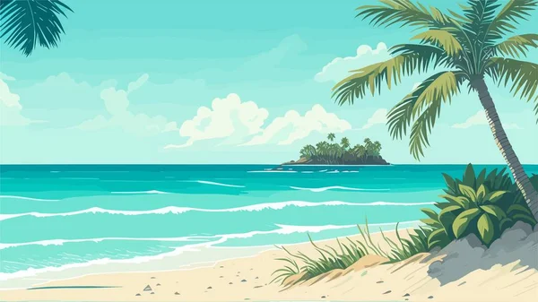 Фон Морского Пляжа Пейзаж Песчаным Пляжем Кромка Морской Воды Пальмы — стоковый вектор