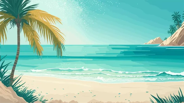 Tropical Sea Beach Background Τοπίο Αμμουδιά Θάλασσα Και Φοίνικες Πολύχρωμο — Διανυσματικό Αρχείο