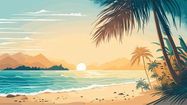 Sunset in Tropical Sea beach background, landscape with sand beach, sea water edge and palm trees. Colorful vector art illustration, banner, wallpaper clipart