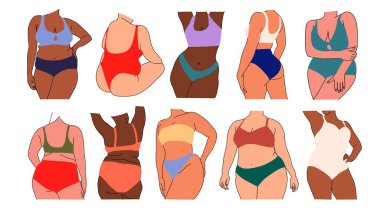 Kıvrımlı kadın vücutları farklı ten rengi vektör renkli çizimler. Artı bikinili güzel kızlar, iç çamaşırları. Beyaz arkaplanda vücut pozitifliği olan minimalist çizimler