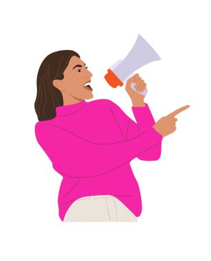 Genç bir kadın megafonla bağırıyor ve bir tarafı işaret ediyor, duyuru yapıyor. İnternet reklamı, pazarlama, sosyal medya, ağ tanıtımı. Gerçekçi vektör çizimi izole edildi.