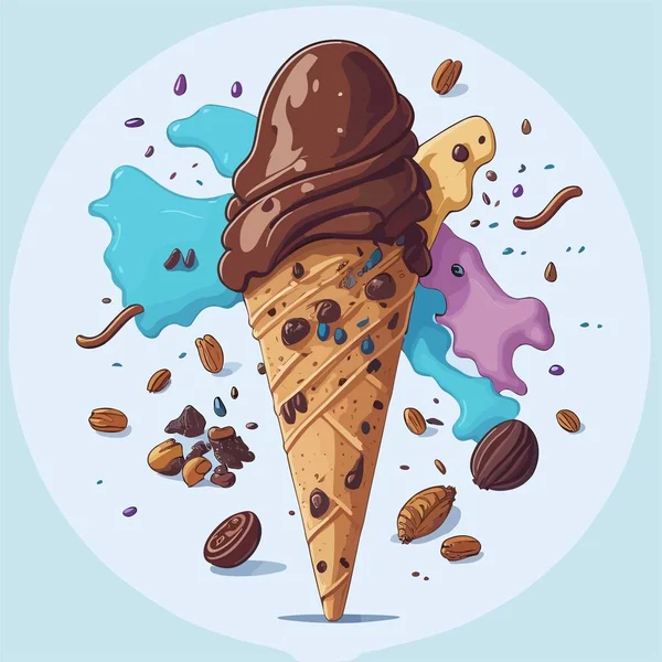 Chocolate Ice Cream Waffle Cone Nuts Abstract Cartoon Illustration Vector — Stock Vector