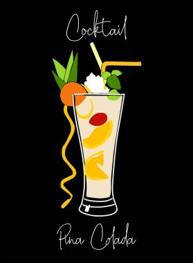 Kokteyl Pina Colada, bardakta alkollü içecek. Siyah arkaplanda izole edilmiş renkli vektör çizimleri. Bar, kafe, restoran menüsü tasarımı, parti davetiyeleri için modern el yapımı tasarım.