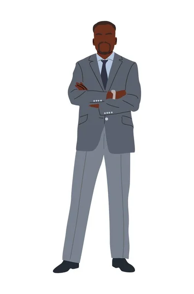 Hombre Negocios Negro Personaje Pie Con Los Brazos Cruzados Hombre — Vector de stock
