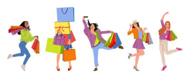 Bir dizi mutlu kız alıcı. Farklı kadın koleksiyonu, hediye kutusu, alışveriş torbaları. Neşeli alışveriş kolik çizgi film karakterleri. Beyaz arkaplanda izole edilmiş renkli düz vektör çizimleri.