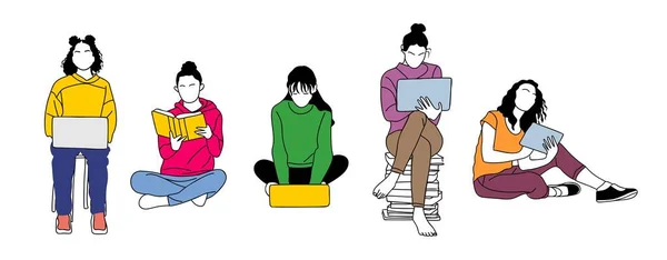 Verschillende Meisjes Leren Lezen Boeken Kijken Naar Online Training Mensen — Stockvector