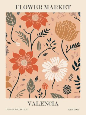 Soyut Flower Market Valencia posteri. Danimarka renginde çiçek desenli botanik duvar sanatı. Modern naif, modaya uygun iç dekorasyon, resim, baskı. Vektör sanatı illüstrasyonu.