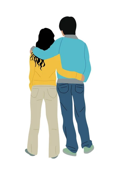 若いカップルの完全な長さのリアビュー立っている 後ろからスマートカジュアル服の男と女 背を向けている 漫画キャラクターの裏側 白い背景に切り取られたベクトル現実的なイラスト — ストックベクタ