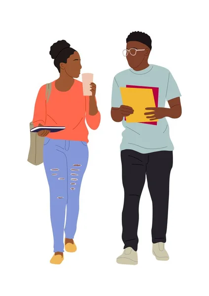 几个黑人学生 年轻的非洲裔美国女孩和男孩拿着书本和咖啡步行到学院或大学 在白色背景上孤立的卡通风格矢量写实主义插图 — 图库矢量图片